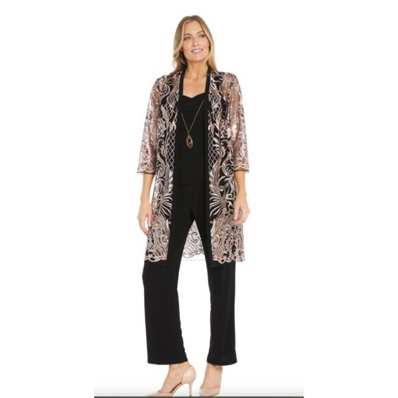 R&M Richards Womens 3-Piece Sequined Embroidered Pantsuit Size 14 Evening New - Picture 1 of 11